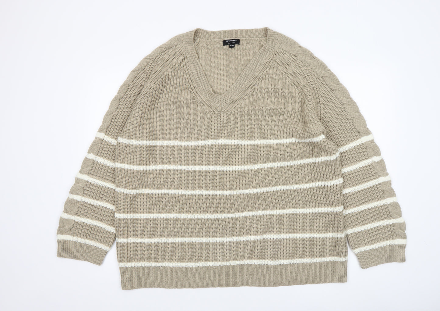 JD Williams Women Beige Stripe V-Neck Cable-Knit Jumper Size 16/18