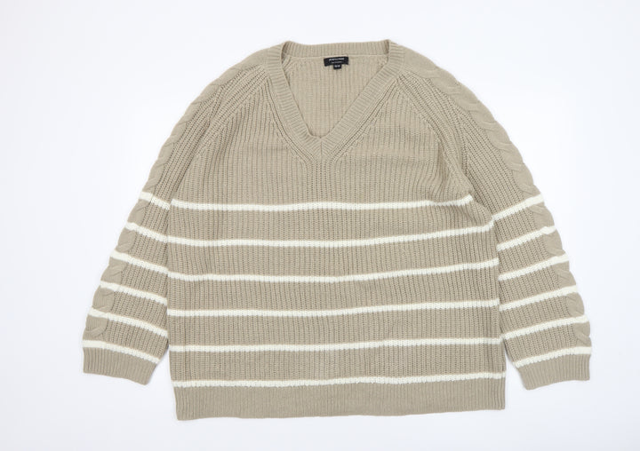 JD Williams Women Beige Stripe V-Neck Cable-Knit Jumper Size 16/18