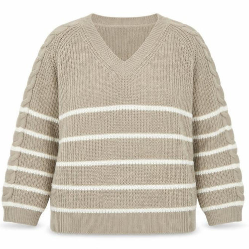 JD Williams Women Beige Stripe V-Neck Cable-Knit Jumper Size 16/18