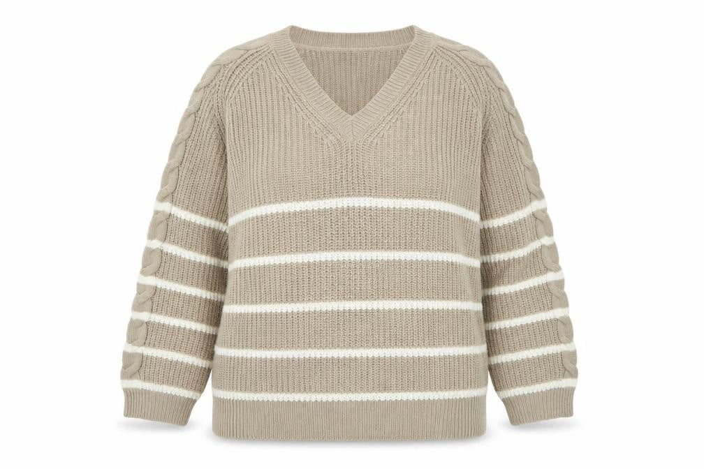 JD Williams Women Beige Stripe V-Neck Cable-Knit Jumper Size 16/18