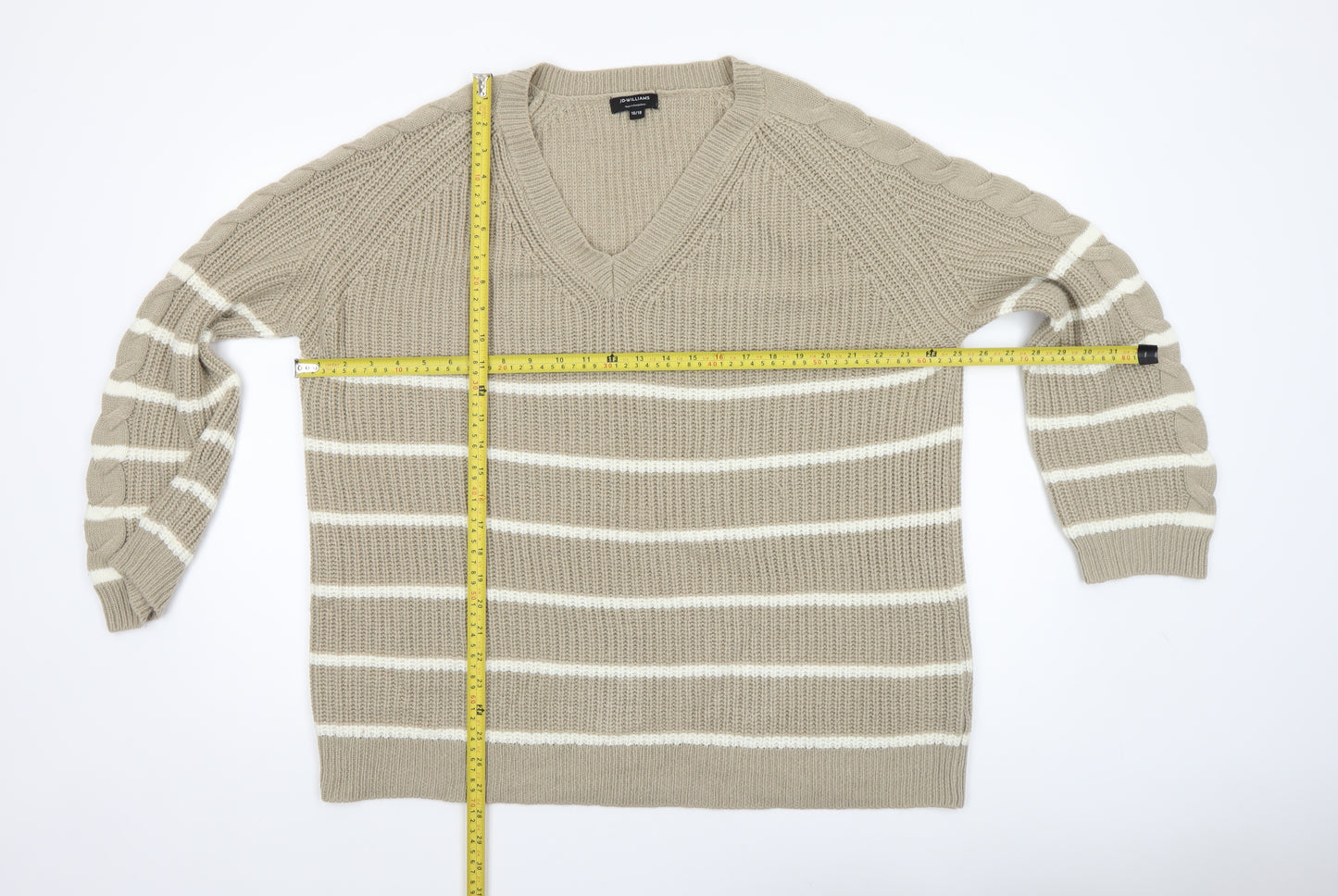 JD Williams Women Beige Stripe V-Neck Cable-Knit Jumper Size 16/18
