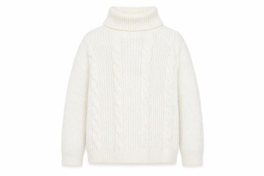 Front view of Primark girls’ ivory cable knit roll neck jumper 8-9 years