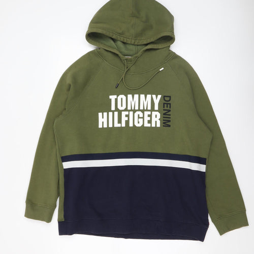 Tommy Hilfiger Mens Green Pullover Hoodie M Fleece Logo Sweatshirt