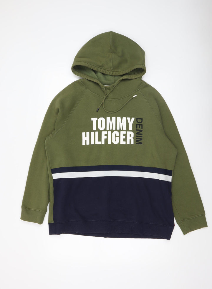 Tommy Hilfiger Mens Green Pullover Hoodie M Fleece Logo Sweatshirt