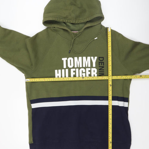 Tommy Hilfiger Mens Green Pullover Hoodie M Fleece Logo Sweatshirt