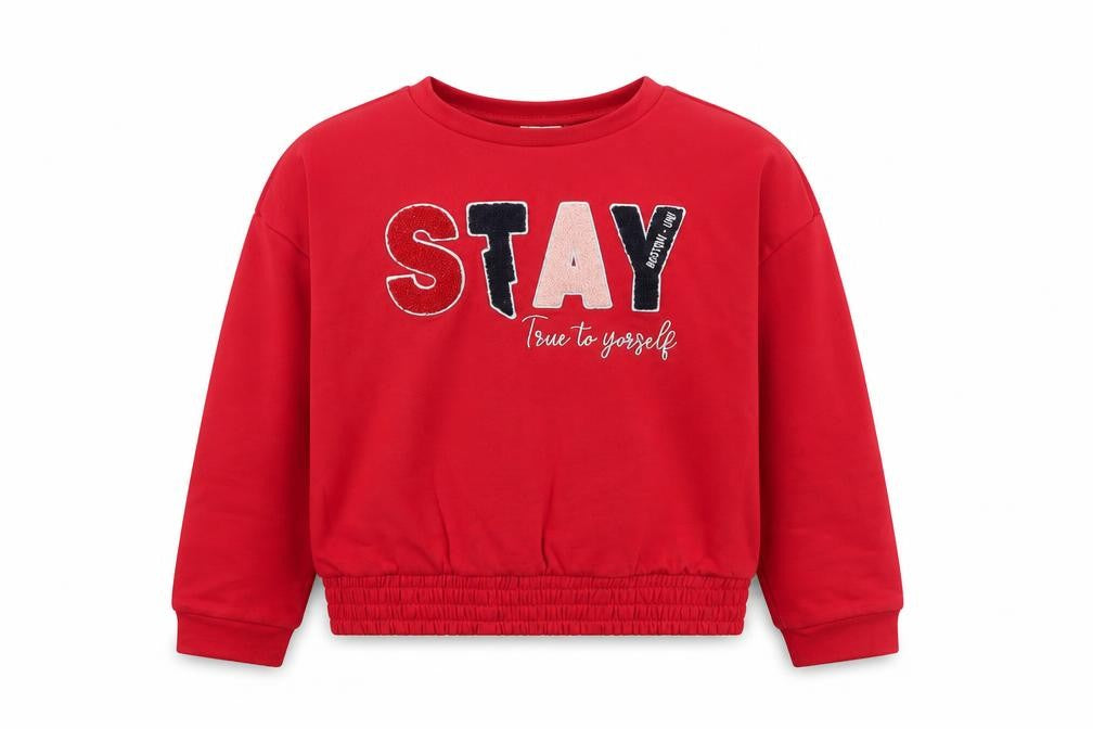 Front view of OVS girls’ red pullover sweatshirt 12-13 years crew neck sequin graphic print
