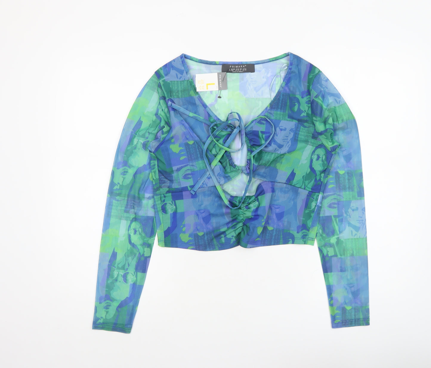 Primark Women’s Multicoloured Mesh Cropped Tie Front Blouse L