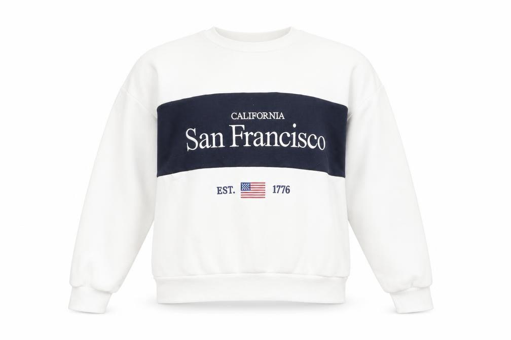 Front view of Stradivarius Women White Sweatshirt San Francisco Graphic, size S