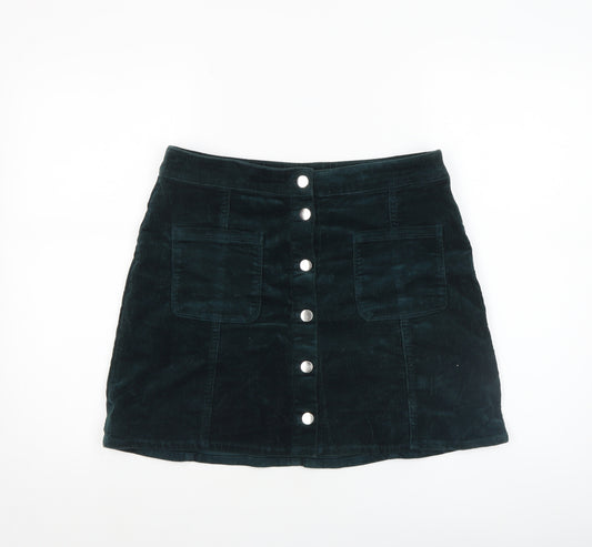 H&M Divided Women Green Corduroy Button A-Line Mini Skirt Size 12