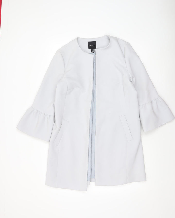 New Look Women’s Grey Mid-Length Ruffle Sleeve Open Coat Size 12
