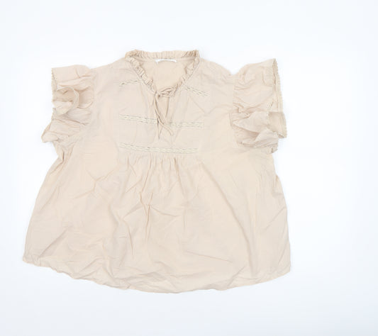 Gallery Women’s Beige Cotton Ruffle Short Sleeve Blouse Size 16