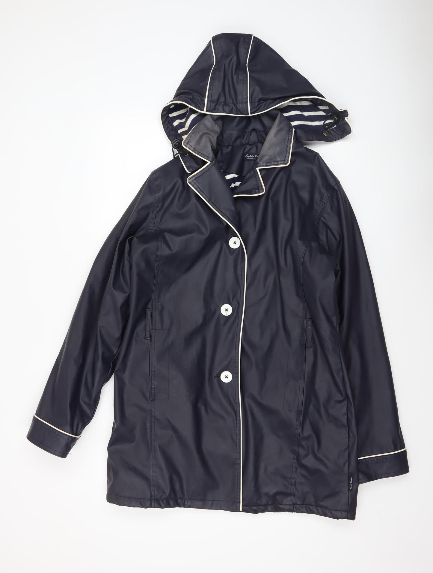 Captain Corsaire Womens Blue Hooded Rain Coat Size 14 Nautical Mid-Length