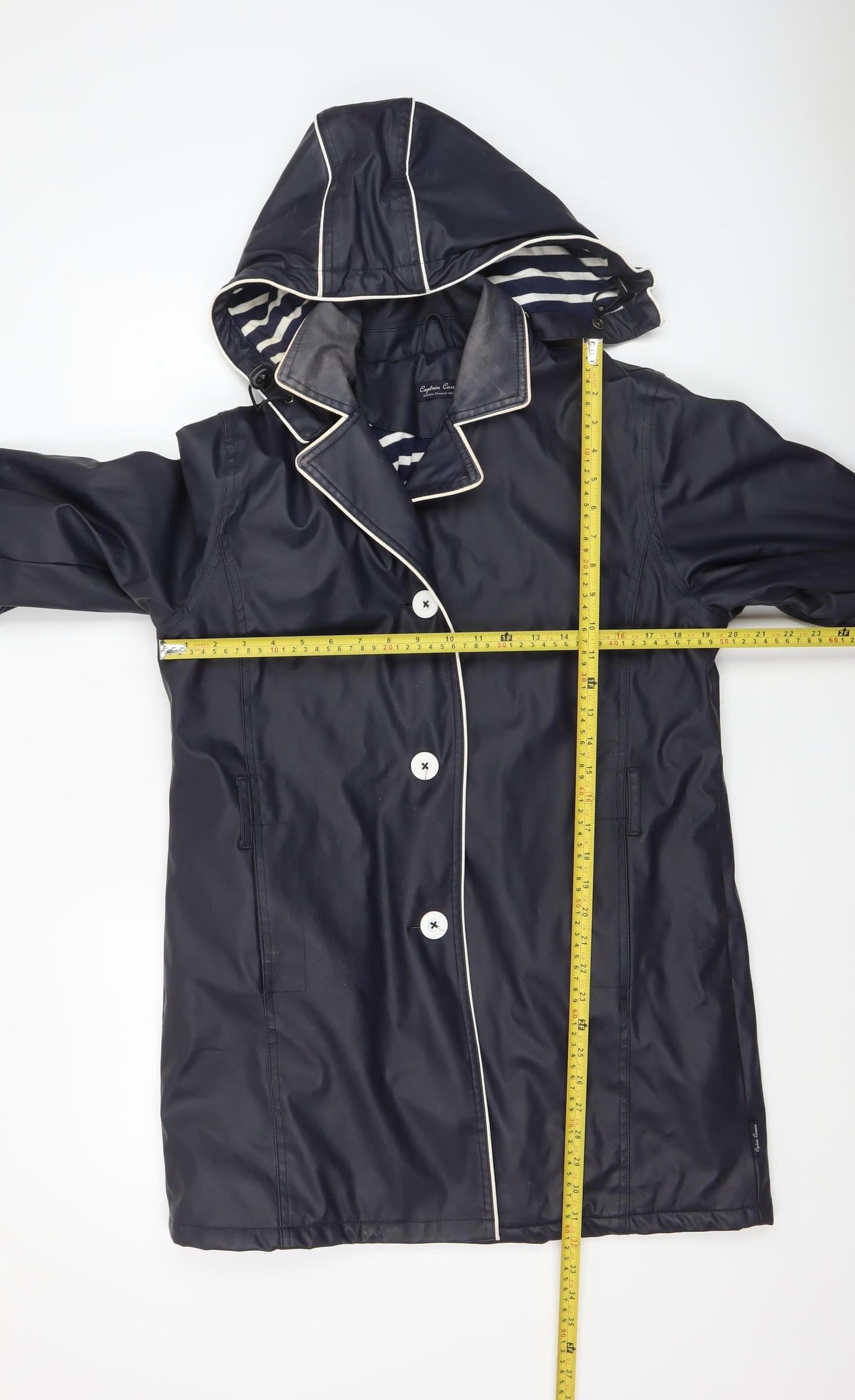 Captain Corsaire Womens Blue Hooded Rain Coat Size 14 Nautical Mid-Length