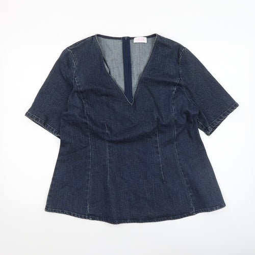 Savida Women Blue Denim V-Neck Short Sleeve Blouse UK 14