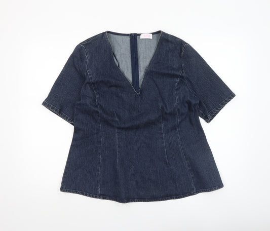 Savida Women Blue Denim V-Neck Short Sleeve Blouse UK 14