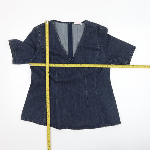 Savida Women Blue Denim V-Neck Short Sleeve Blouse UK 14