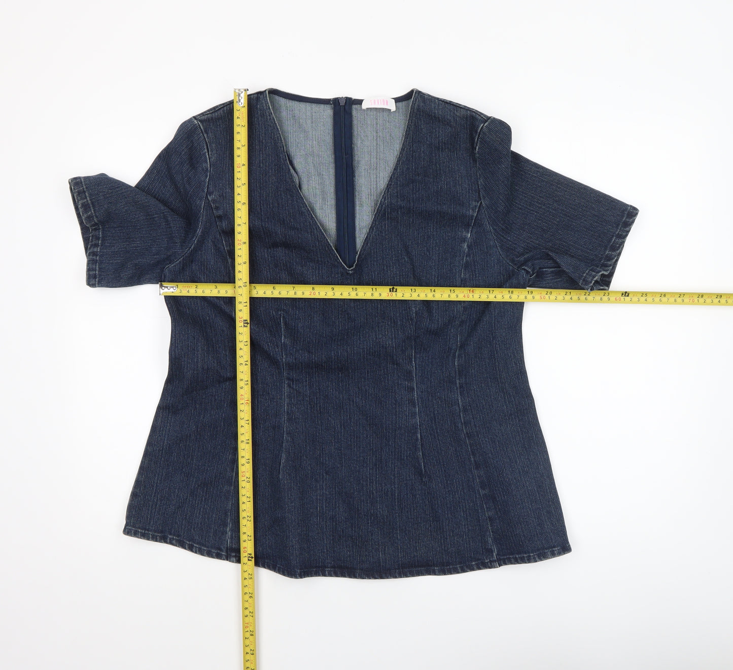 Savida Women Blue Denim V-Neck Short Sleeve Blouse UK 14