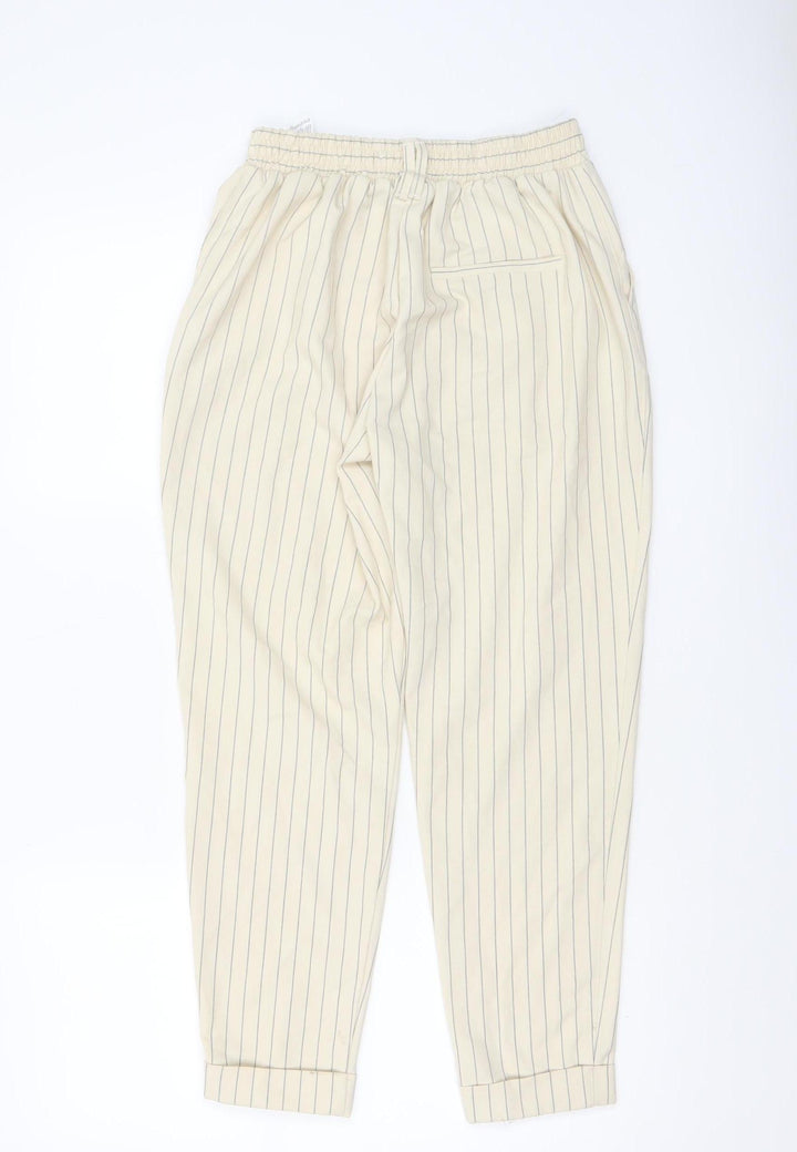 Bershka Women Beige Striped Chino Trousers Size 8 Tapered Fit