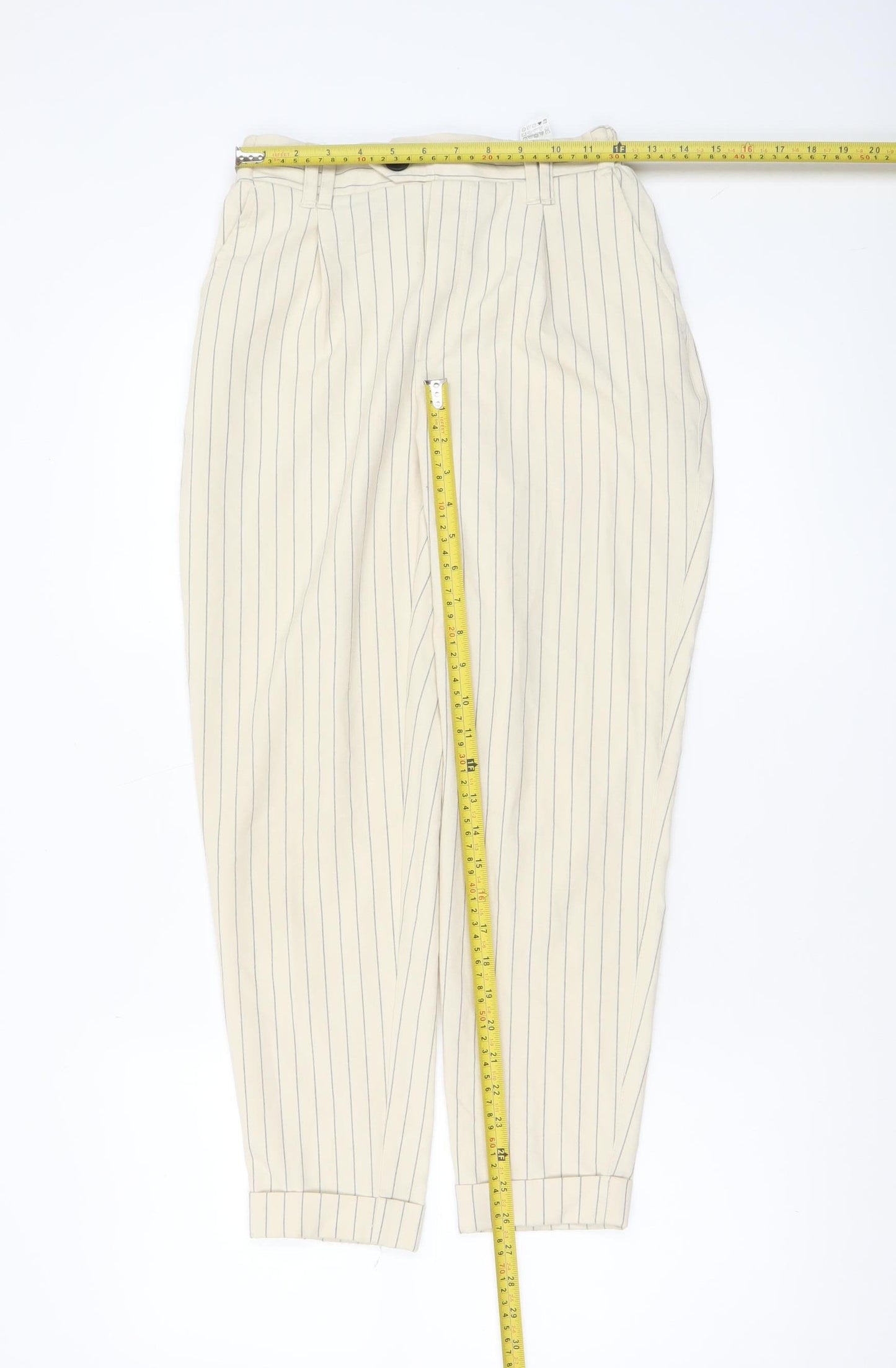 Bershka Women Beige Striped Chino Trousers Size 8 Tapered Fit