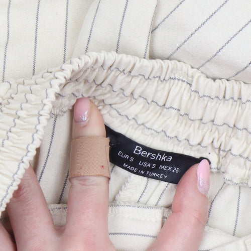 Bershka Women Beige Striped Chino Trousers Size 8 Tapered Fit