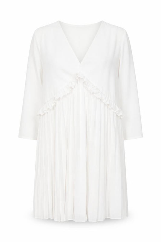 Front view of ASOS Women White, size 10, Wrap Pleated Ruffle Long Sleeve Dress