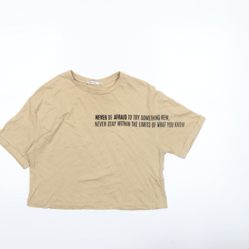 Stradivarius Women's Beige Cropped T-Shirt Size 6 Short Sleeve Cotton