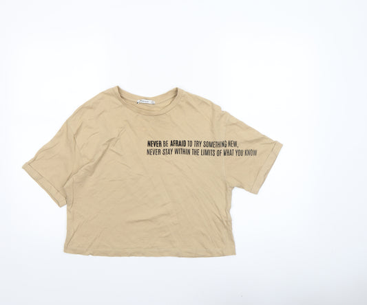 Stradivarius Women's Beige Cropped T-Shirt Size 6 Short Sleeve Cotton