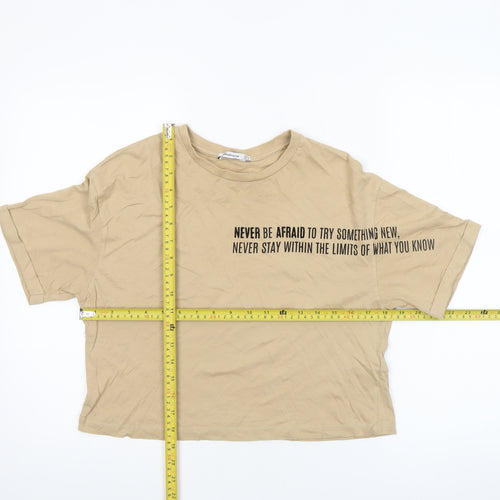 Stradivarius Women's Beige Cropped T-Shirt Size 6 Short Sleeve Cotton