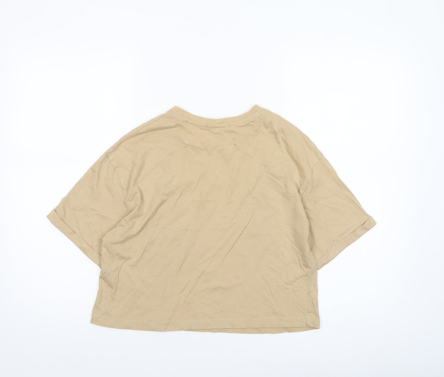 Stradivarius Women's Beige Cropped T-Shirt Size 6 Short Sleeve Cotton
