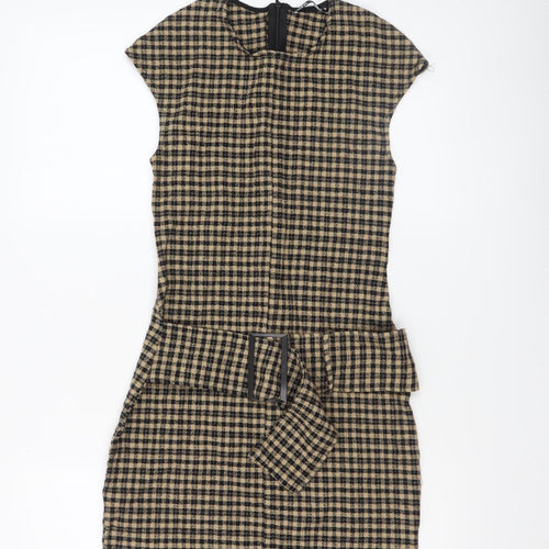 Zara Women Beige Check Short Sheath Belted Dress Size 8