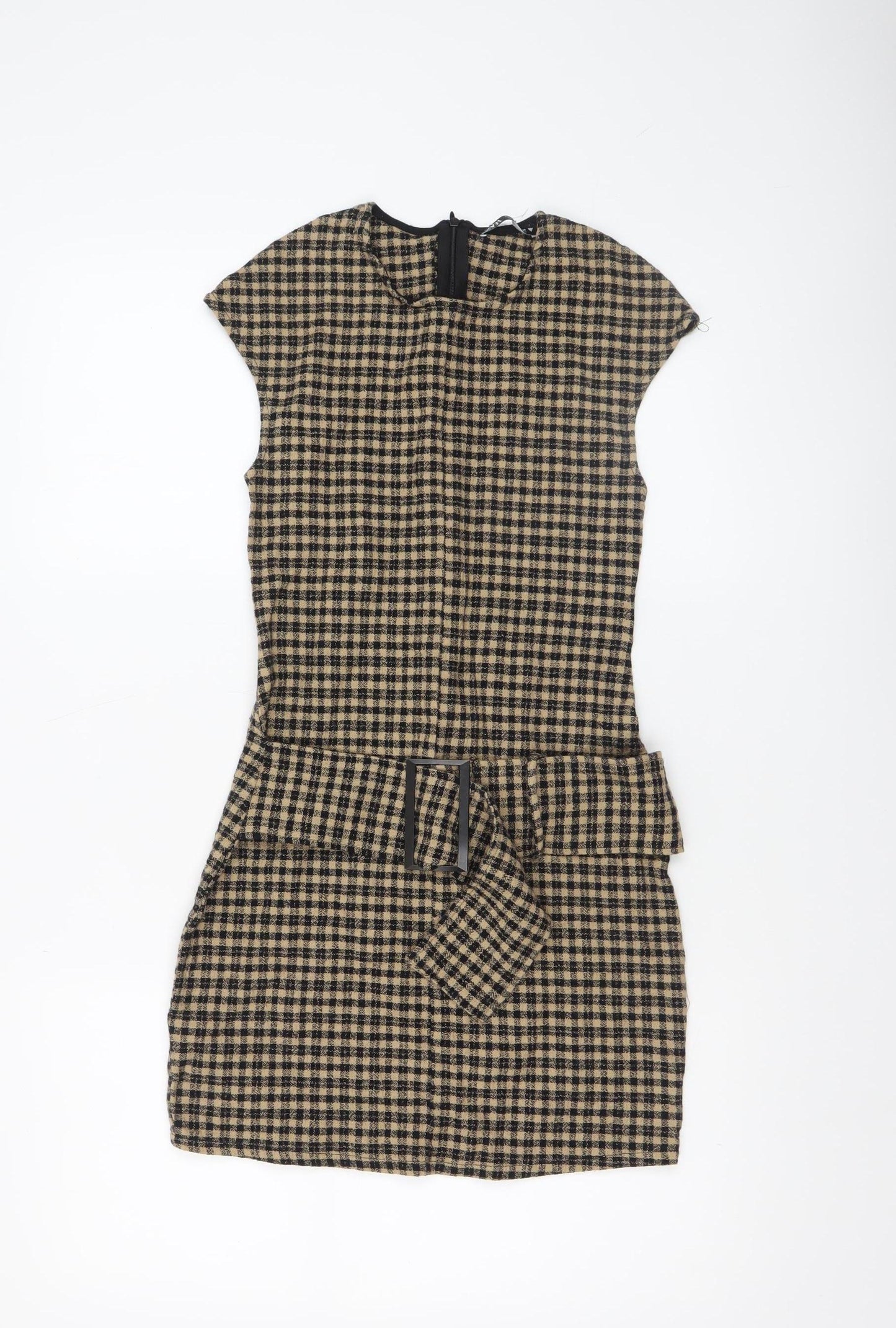 Zara Women Beige Check Short Sheath Belted Dress Size 8