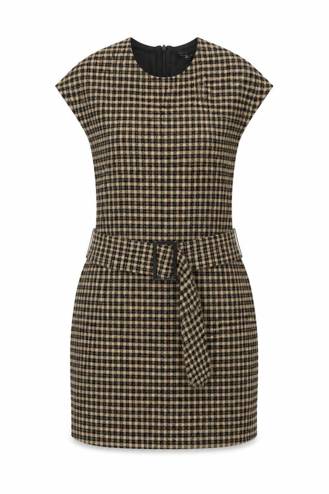 Zara Women Beige Check Short Sheath Belted Dress Size 8