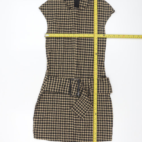 Zara Women Beige Check Short Sheath Belted Dress Size 8