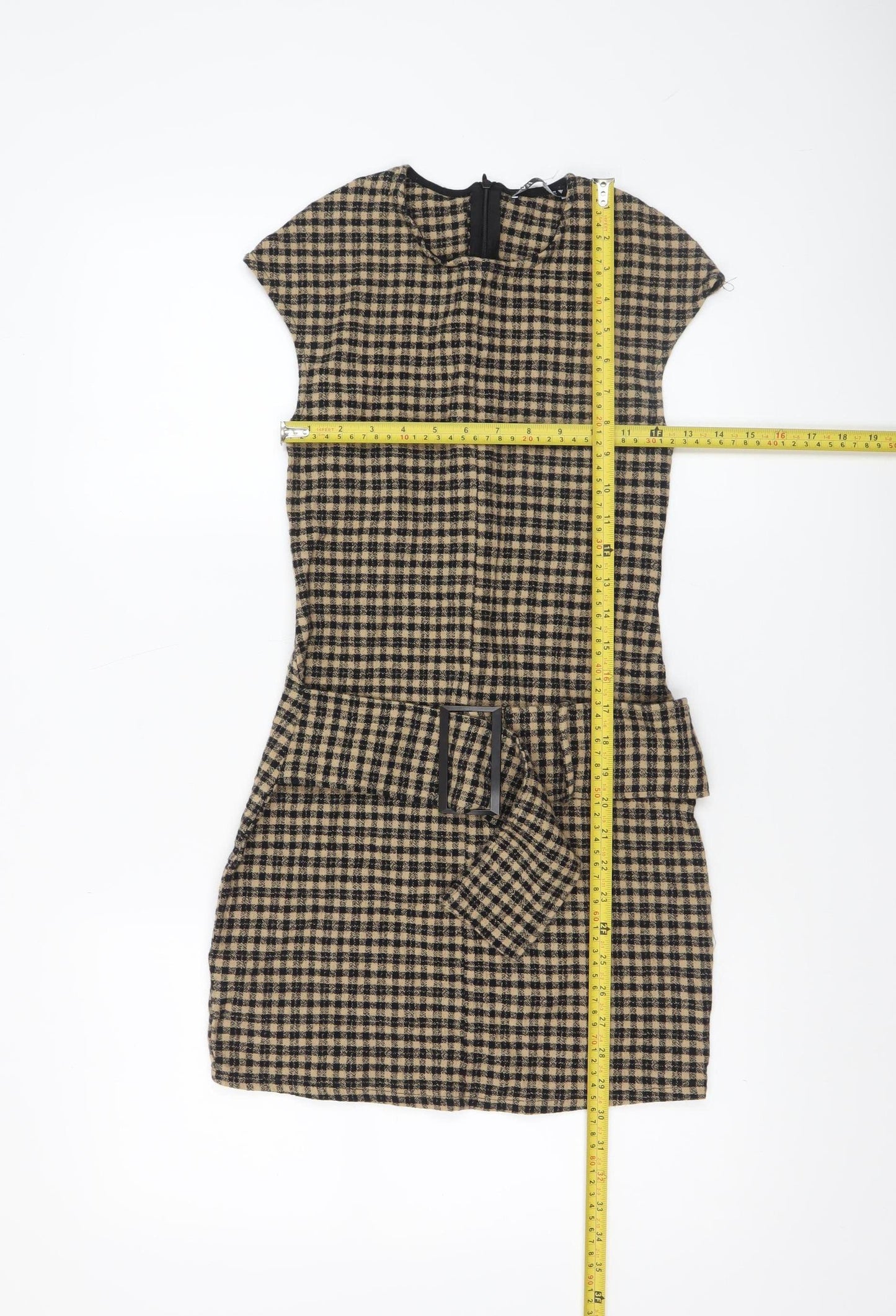 Zara Women Beige Check Short Sheath Belted Dress Size 8