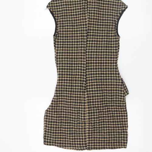 Zara Women Beige Check Short Sheath Belted Dress Size 8