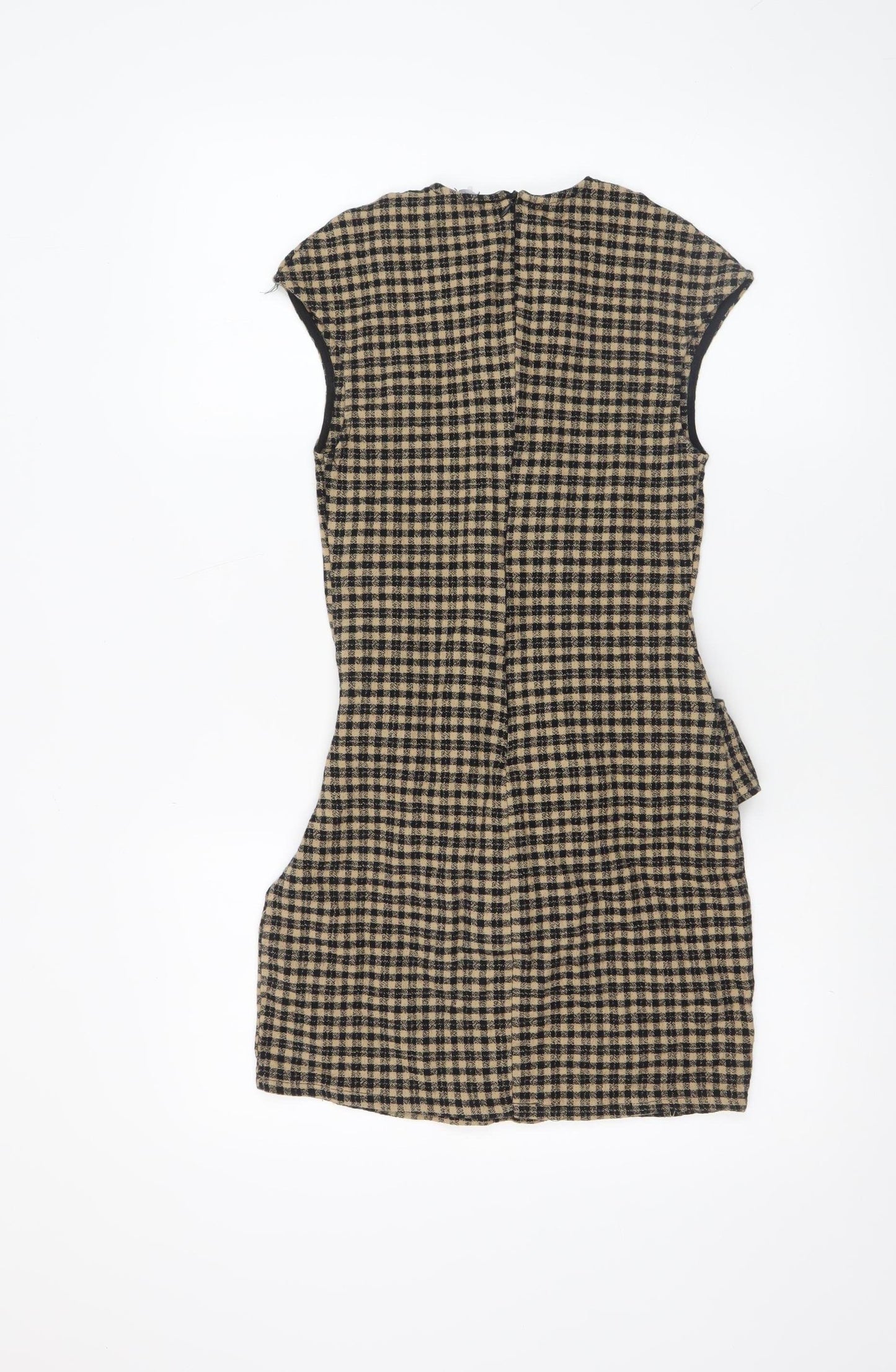 Zara Women Beige Check Short Sheath Belted Dress Size 8