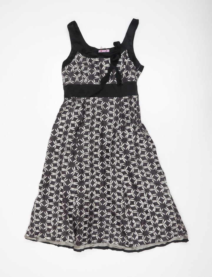 Monsoon Women’s Black Geometric A-Line Dress Size 8 Linen Silk