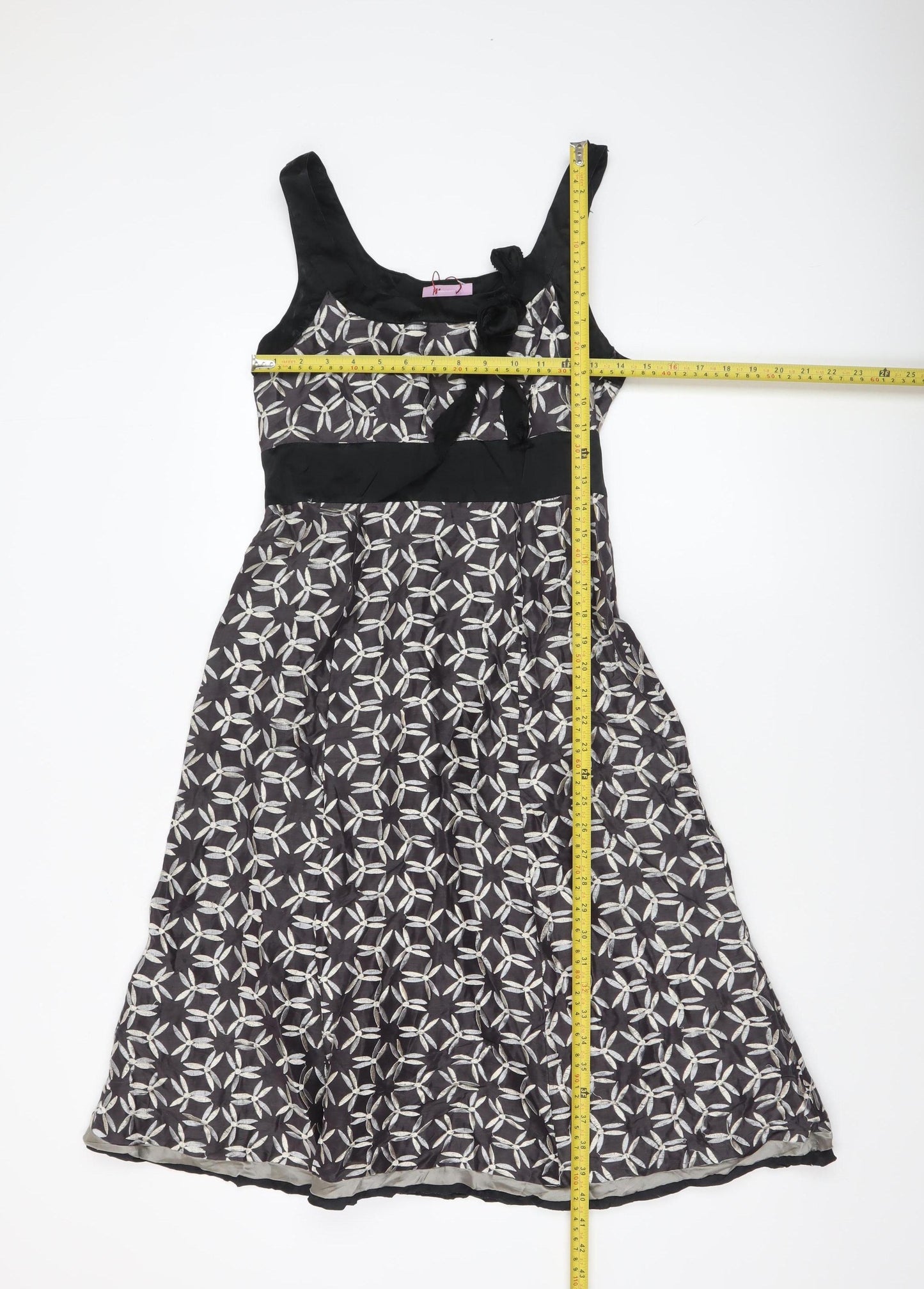 Monsoon Women’s Black Geometric A-Line Dress Size 8 Linen Silk