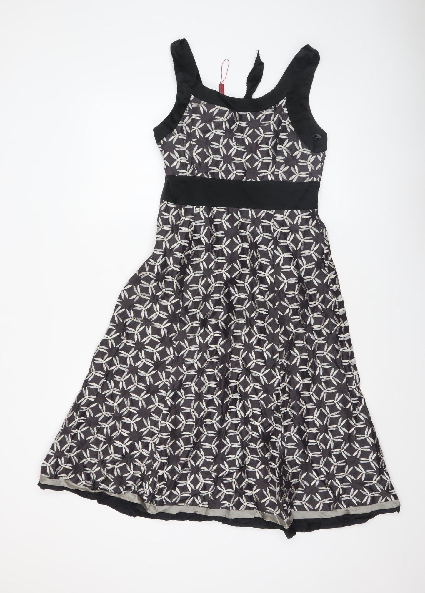 Monsoon Women’s Black Geometric A-Line Dress Size 8 Linen Silk