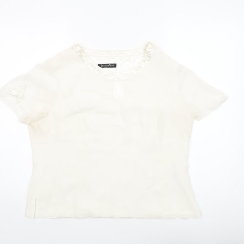 Jacques Vert Women’s Ivory Beaded Short Sleeve Satin Blouse Size 16
