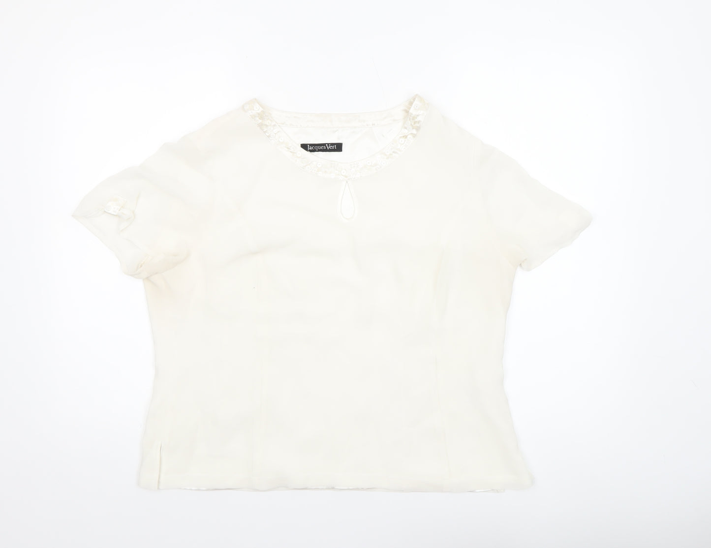 Jacques Vert Women’s Ivory Beaded Short Sleeve Satin Blouse Size 16