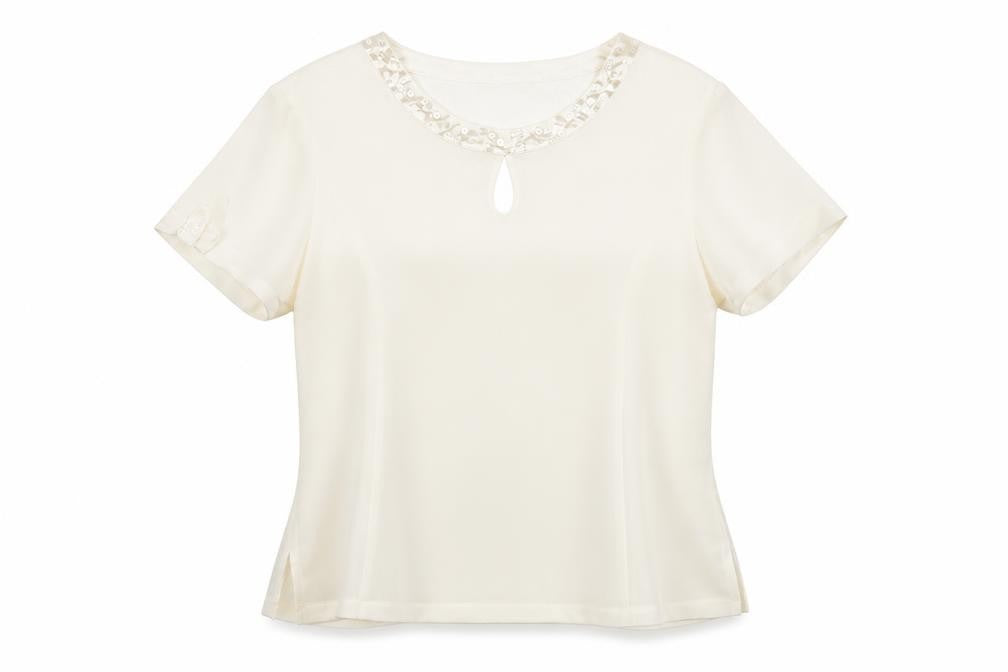 Front view of Jacques Vert Women’s Ivory Beaded Short Sleeve Satin Blouse, size UK 16