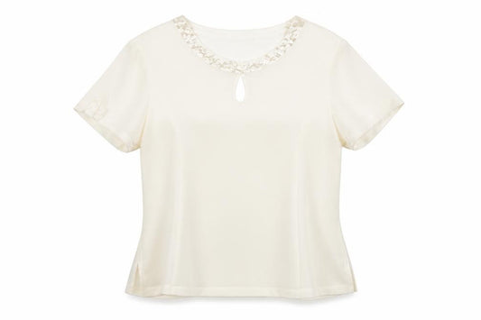 Front view of Jacques Vert Women’s Ivory Beaded Short Sleeve Satin Blouse, size UK 16