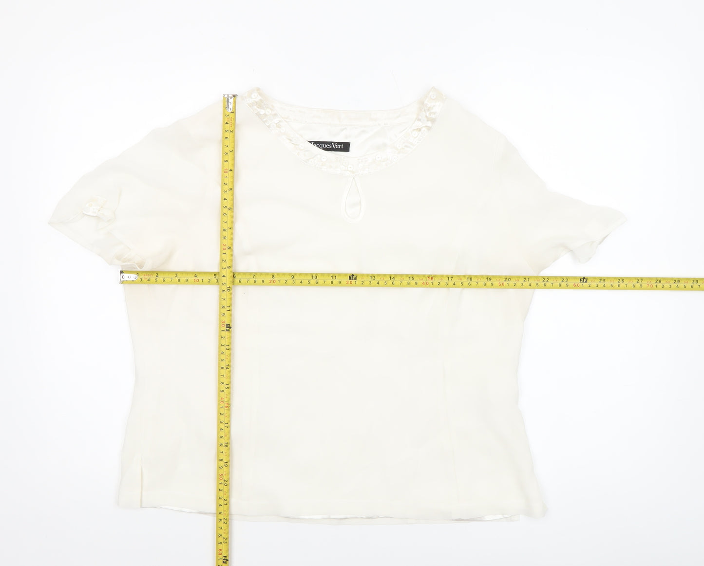 Jacques Vert Women’s Ivory Beaded Short Sleeve Satin Blouse Size 16