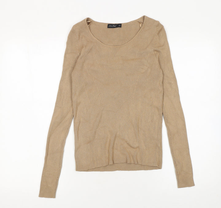 F&F Women’s Beige Slim Fit Ribbed Knit Long Sleeve Jumper Size S