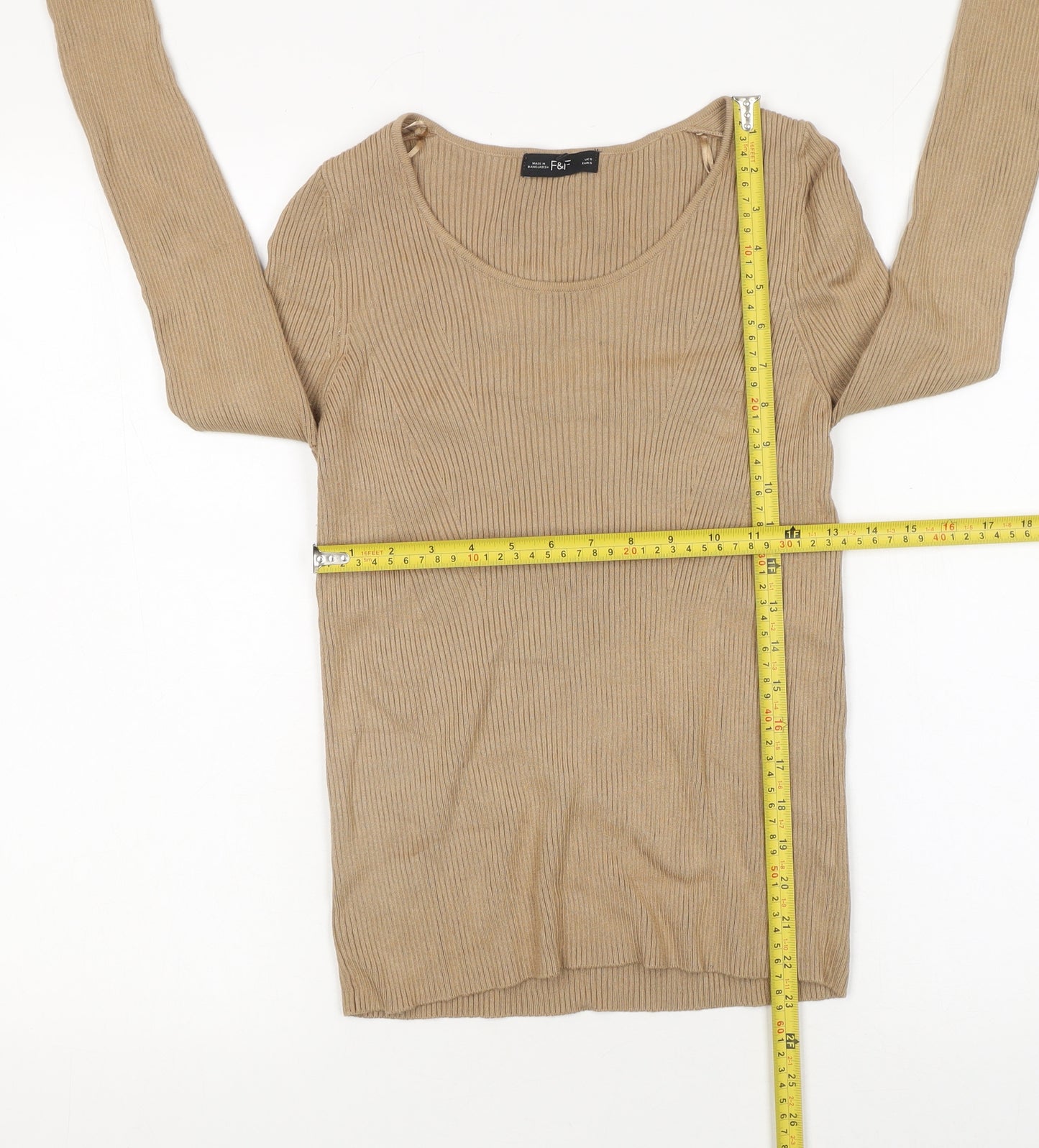 F&F Women’s Beige Slim Fit Ribbed Knit Long Sleeve Jumper Size S
