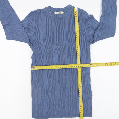 Marks and Spencer Women's Blue Ribbed Crew Neck Jumper Size 8
