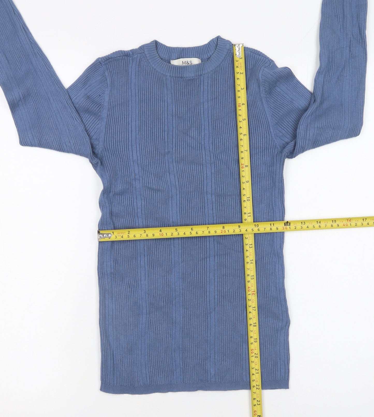 Marks and Spencer Women's Blue Ribbed Crew Neck Jumper Size 8
