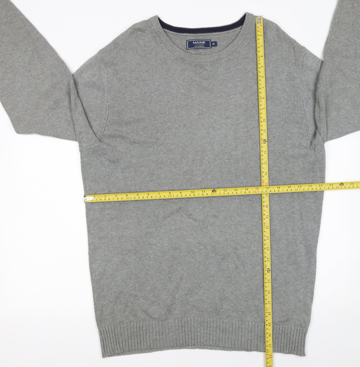 Maine New England Men’s Grey Cotton Crew Neck Jumper M Classic Knitwear