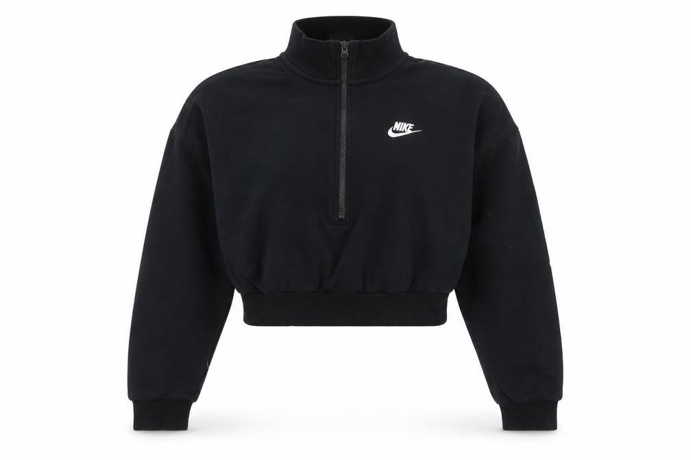 Front view of Nike Women's Black 1/4 Zip Cropped Sweatshirt, size S, Cotton Blend